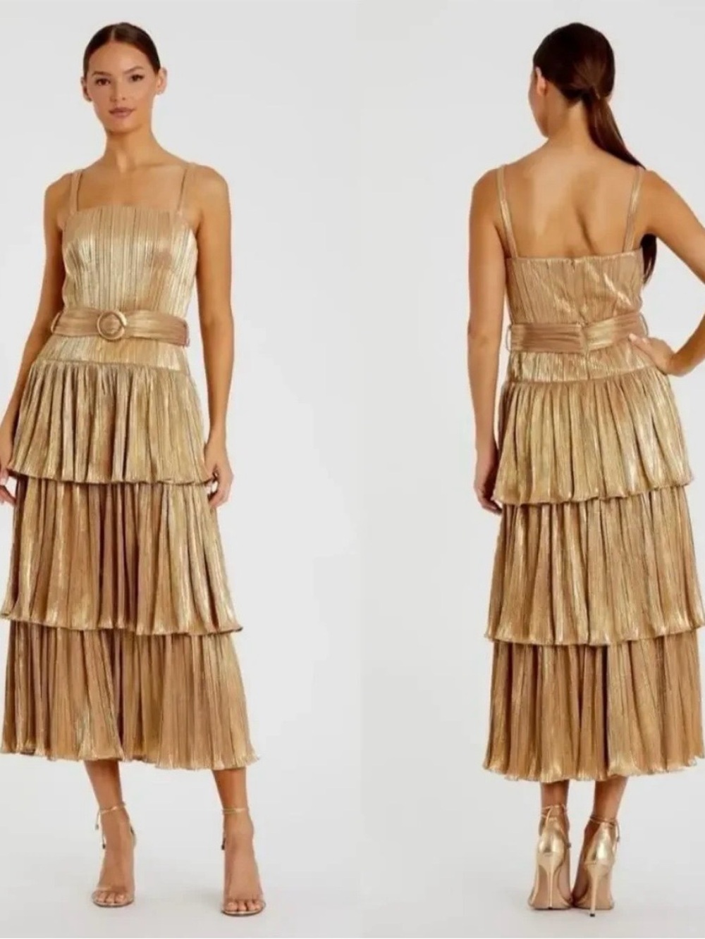 Gold Tiered Metallic Midi Dress with Belt